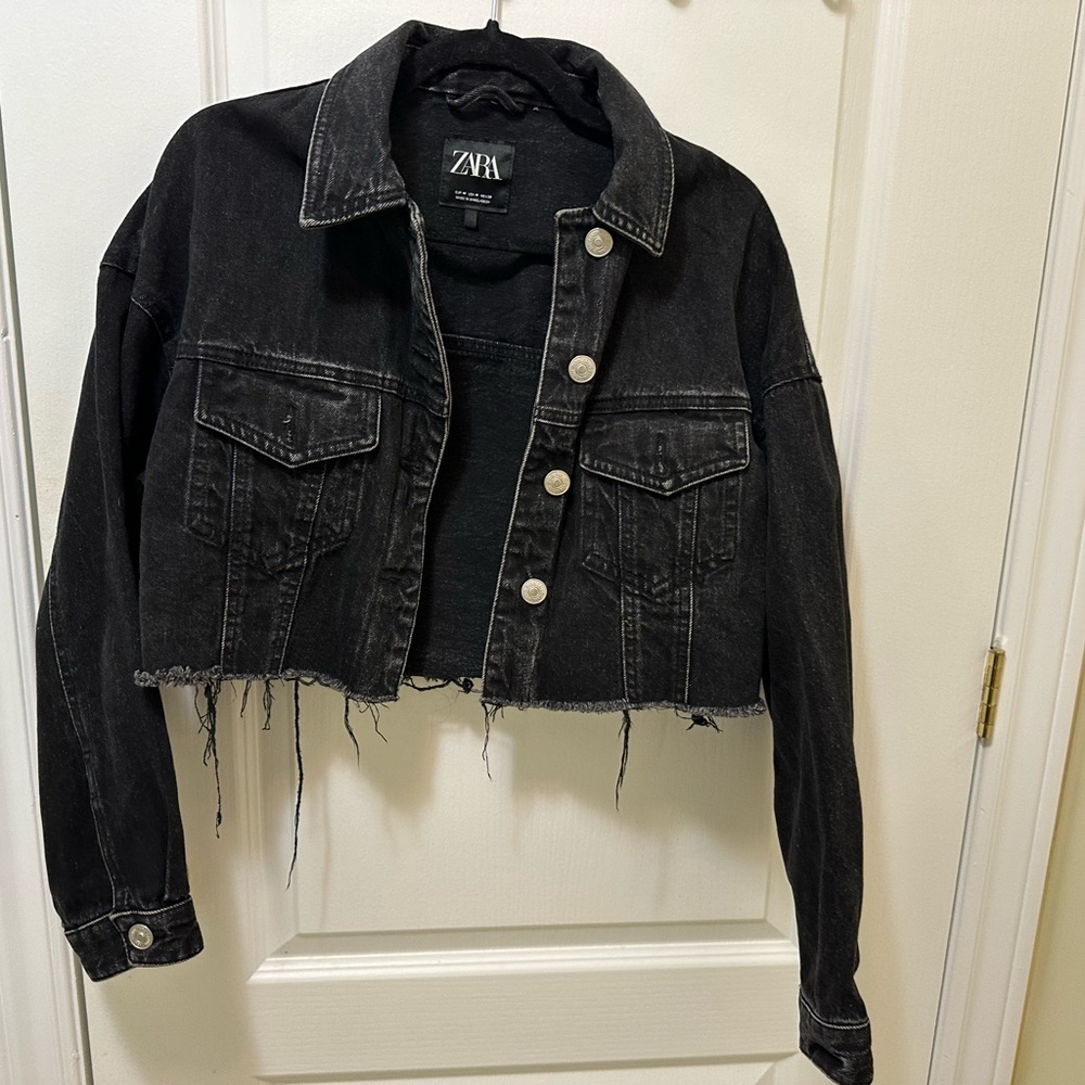 Zara Charcoal Denim Frayed Hem Jacket